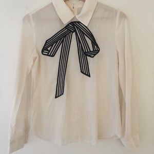 Cream/Beige Black BowTie Embroidered Women Shirt